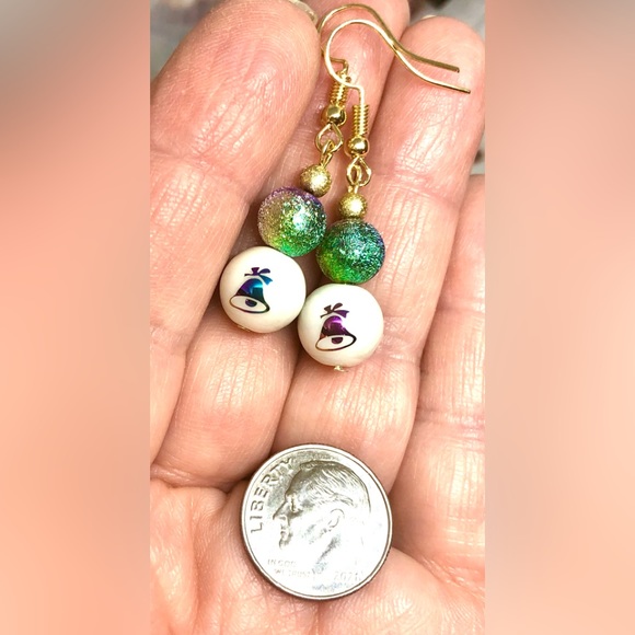 Christmas Bell Purple Blue Green Gold Stardust & Metallic Glass Dangle Earrings - Picture 4 of 4